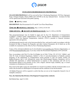 INVITATION for BIDS/REQUEST for PROPOSAL SEALED BIDS/PROPOSALS Will Be Received by Pace's Purchasing Department, 550 West Algo