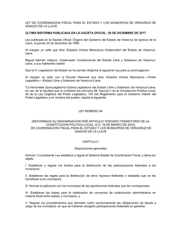 Ley De Coordinación Fiscal Para El Estado Y Los Municipios De Veracruz-Llave;