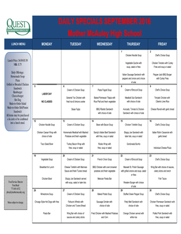 DAILY SPECIALS SEPTEMBER 2016 Mother Mcauley High School