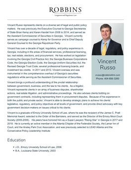 Vincent Russo Represents Clients on a Diverse Set of Legal and Public Policy Matters