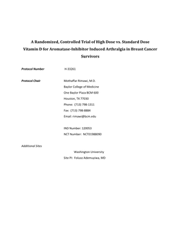 A Randomized, Controlled Trial of High Dose Vs. Standard Dose Vitamin D for Aromatase-Inhibitor Induced Arthralgia in Breast Cancer Survivors