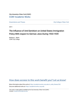 The Influence of Anti-Semitism on United States Immigration Policy with Respect to German Jews During 1933-1939