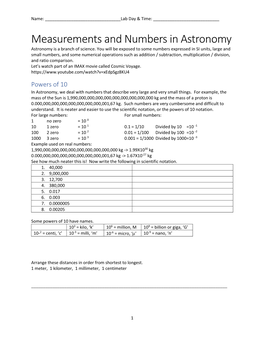 Measurements and Numbers in Astronomy Astronomy Is a Branch of Science