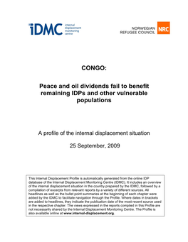 CONGO: Peace and Oil Dividends Fail to Benefit Remaining Idps and Other