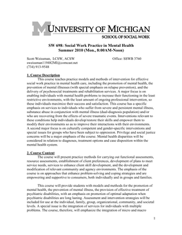 SW 698: Social Work Practice in Mental Health Summer 2010 (Mon., 8:00AM-Noon)