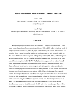 Organic Molecules and Water in the Inner Disks of T Tauri Stars