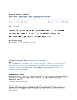 The Role of the African Church in the 21St Century Global Mission: a Case Study of the Eecmy Global Mission Venture and Economic Mindset
