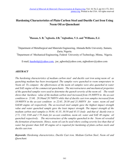 Hardening Characteristics of Plain Carbon Steel and Ductile Cast Iron Using Neem Oil As Quenchant