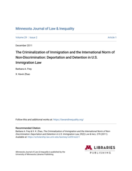 The Criminalization of Immigration and the International Norm of Non-Discrimination: Deportation and Detention in U.S