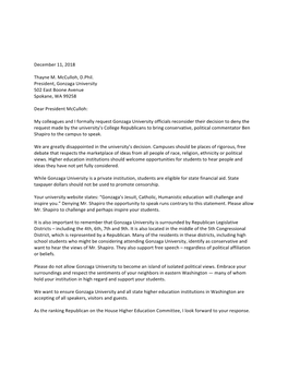 December 11, 2018 Thayne M. Mcculloh, D.Phil. President, Gonzaga University 502 East Boone Avenue Spokane, WA 99258 Dear P