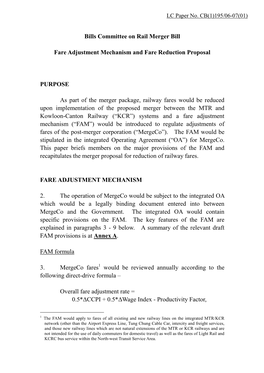 Bills Committee on Rail Merger Bill Fare Adjustment Mechanism and Fare Reduction Proposal PURPOSE As Part of the Merger Package