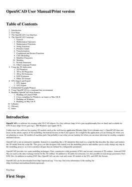 Openscad User Manual/Print Version Table of Contents Introduction First
