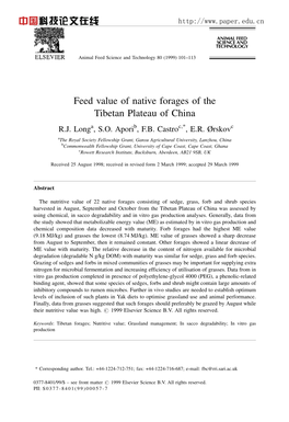 Feed Value of Native Forages of the Tibetan Plateau of China R.J