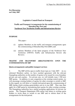 Traffic and Transport Arrangements for the Commissioning of Shenzhen Bay Port and Northwest New Territories Traffic and Infrastructure Review