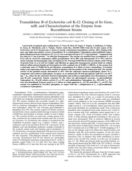 Transaldolase B of Escherichia Coli K-12: Cloning of Its Gene, Talb, and Characterization of the Enzyme from Recombinant Strains