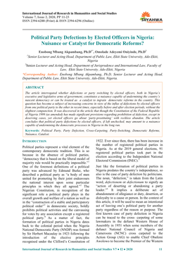 Political Party Defections by Elected Officers in Nigeria: Nuisance Or Catalyst for Democratic Reforms?