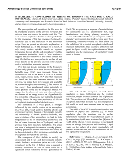 IS HABITABILITY CONSTRAINED by PHYSICS OR BIOLOGY? the CASE for a GAIAN BOTTLENECK. Charles. H. Lineweaver1 and Aditya Chopra1