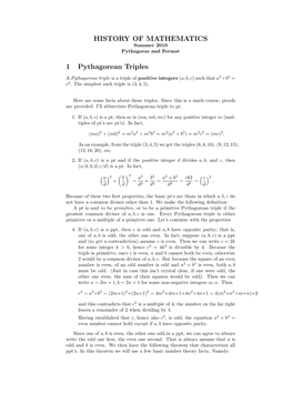 HISTORY of MATHEMATICS 1 Pythagorean Triples