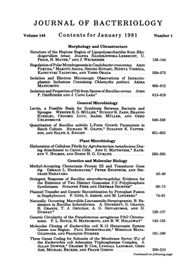 JOURNAL of BACTERIOLOGY Volume 145 Contents for January 1981 Numberl