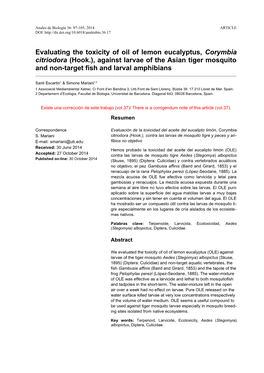 Evaluating the Toxicity of Oil of Lemon Eucalyptus, Corymbia Citriodora (Hook.), Against Larvae of the Asian Tiger Mosquito and Non-Target Fish and Larval Amphibians