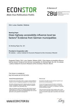 Does Highway Accessibility Influence Local Tax Factors? Evidence from German Municipalities