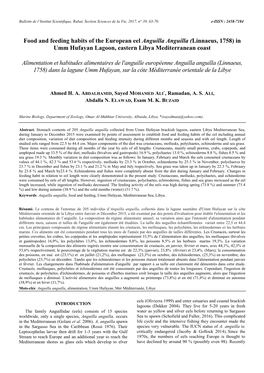 Food and Feeding Habits of the European Eel Anguilla Anguilla (Linnaeus, 1758) in Umm Hufayan Lagoon, Eastern Libya Mediterranean Coast