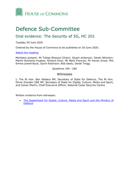 Defence Sub-Committee Oral Evidence: the Security of 5G, HC 201