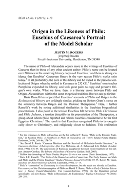 Origen in the Likeness of Philo: Eusebius of Caesarea's Portrait Of