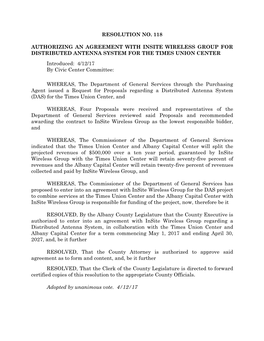 Resolution No. 118 Authorizing an Agreement with Insite Wireless Group for Distributed Antenna System for the Times Union Center