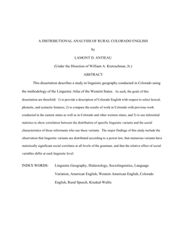 A DISTRIBUTIONAL ANALYSIS of RURAL COLORADO ENGLISH By