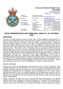 RAFOC REMINISCENCES and RAMBLINGS - WEEK 28 - 16Th OCTOBER 2020 GREETINGS