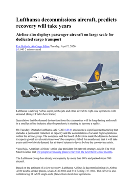 Lufthansa Decommissions Aircraft, Predicts Recovery Will Take Years Airline Also Deploys Passenger Aircraft on Large Scale for Dedicated Cargo Transport