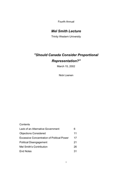 Should Canada Consider Proportional Representation?" March 15, 2002