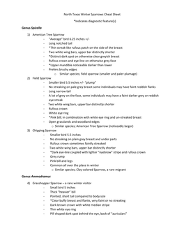 North Texas Winter Sparrows Cheat Sheet *Indicates Diagnostic Feature(S)