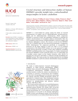 Crystal Structure and Interaction Studies of Human Iucrj DHTKD1 Provide Insight Into a Mitochondrial ISSN 2052-2525 Megacomplex in Lysine Catabolism Biologyjmedicine