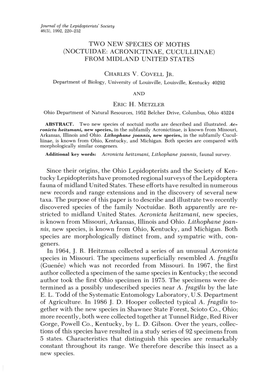 TWO NEW SPECIES of MOTHS (NOCTUIDAE: ACRONICTINAE, CUCULLIINAE) from MIDLAND UNITED STATES Since Their Origins, the Ohio Lepidop