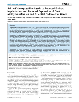 5-Aza-29-Deoxycytidine Leads to Reduced Embryo Implantation and Reduced Expression of DNA Methyltransferases and Essential Endometrial Genes