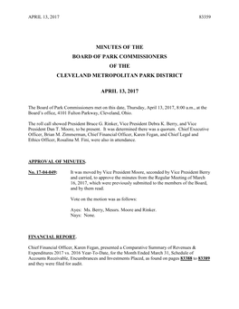 Minutes of the Board of Park Commissioners of the Cleveland Metropolitan Park District