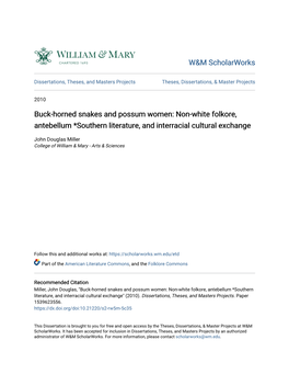 Buck-Horned Snakes and Possum Women: Non-White Folkore, Antebellum *Southern Literature, and Interracial Cultural Exchange