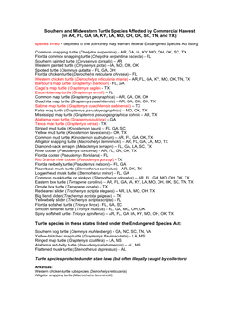 In AR, FL, GA, IA, KY, LA, MO, OH, OK, SC, TN, and TX): Species in Red = Depleted to the Point They May Warrant Federal Endangered Species Act Listing