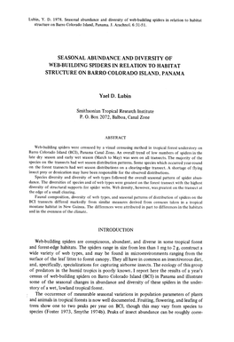 Seasonal Abundance and Diversity O F Web-Building Spiders in Relation to Habita T Structure on Barro Colorado Island, Panama