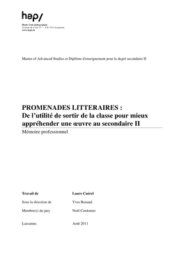 PROMENADES LITTERAIRES : De L’Utilité De Sortir De La Classe Pour Mieux Appréhender Une Œuvre Au Secondaire II Mémoire Professionnel