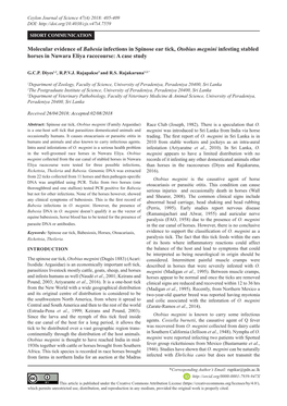 Molecular Evidence of Babesia Infections in Spinose Ear Tick, Otobius Megnini Infesting Stabled Horses in Nuwara Eliya Racecourse: a Case Study