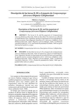 Descripción De Las Larvas II, III Y El Pupario De Compsomyiops Fulvicrura (Diptera: Calliphoridae)