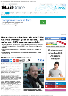 Nasa Climate Scientists: We Said 2014 Was the Warmest but We're Only 38% Sure | Daily Mail Online