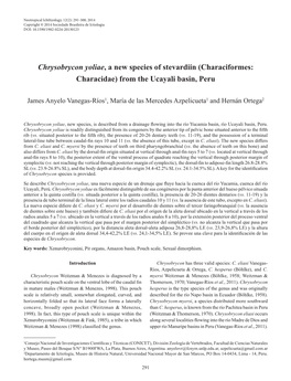 Chrysobrycon Yoliae, a New Species of Stevardiin (Characiformes: Characidae) from the Ucayali Basin, Peru