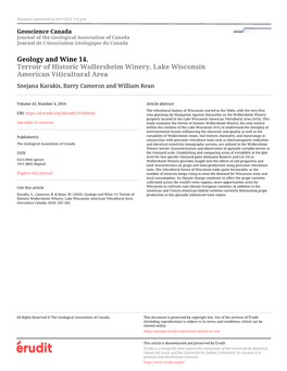 Geology and Wine 14. Terroir of Historic Wollersheim Winery, Lake Wisconsin American Viticultural Area Snejana Karakis, Barry Cameron and William Kean