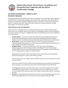 Atlanta Public Schools' School Closure, Consolidation and Partnerships Plan in Alignment with the District Transformation Stra