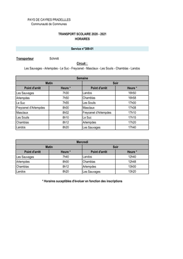 Horaires 2020-2021