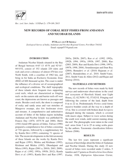 New Records of Coral Reef Fishes from Andaman and Nicobar Islands 179 ISSN 0375-1511